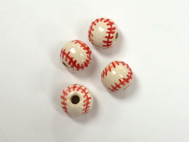 20pc 11mm Ceramic Baseball Sports Beads with Red stitches - Hand Painted DS233 - BeadPrism