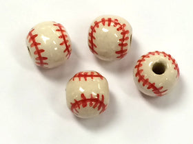 20pc 13mm Ceramic Baseball Sports Beads with Red stitches - Hand Painted DS232 - BeadPrism