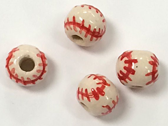 20pc 8mm Ceramic Baseball Sports Beads with Red stitches - Hand Painted DS234 - BeadPrism