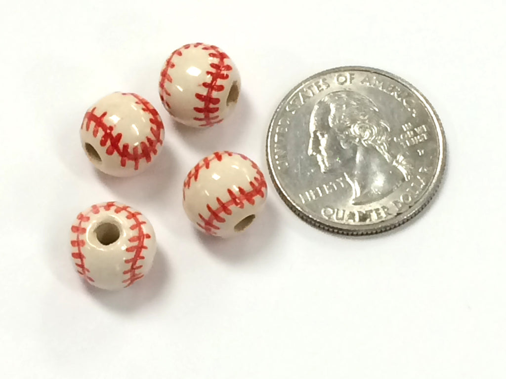 20pc 11mm Ceramic Baseball Sports Beads with Red stitches - Hand Painted DS233 - BeadPrism