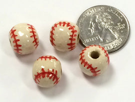 20pc 13mm Ceramic Baseball Sports Beads with Red stitches - Hand Painted DS232 - BeadPrism