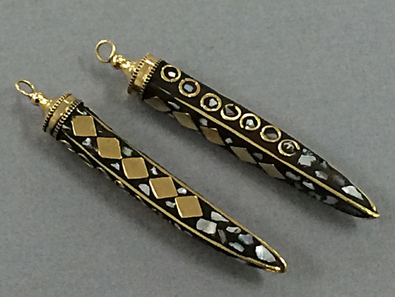 Tibetan Horn Tusk  Pendant, 2.75 Inch  White Mother of Pearl and Brass Inlay - AP140 - BeadPrism