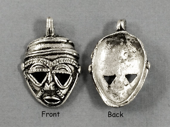 Silver color African Brass Pendant Tribal Mask 1.75 Inch Tribal Pendant African Brass Mask - AP132S - BeadPrism