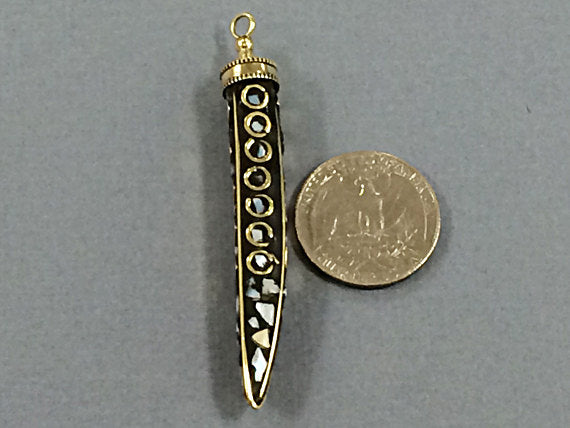 Tibetan Horn Tusk  Pendant, 2.75 Inch  White Mother of Pearl and Brass Inlay - AP140 - BeadPrism