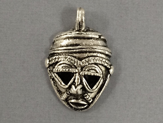 Silver color African Brass Pendant Tribal Mask 1.75 Inch Tribal Pendant African Brass Mask - AP132S - BeadPrism
