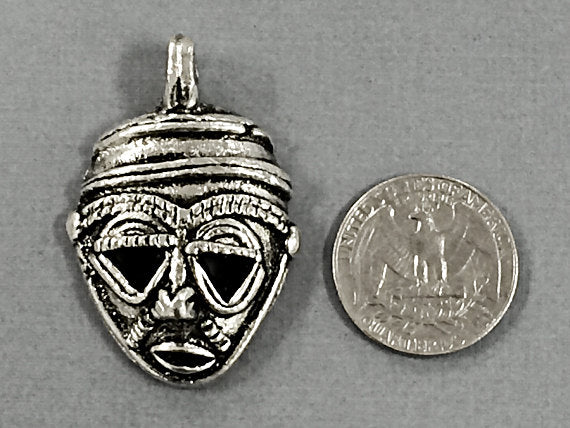 Silver color African Brass Pendant Tribal Mask 1.75 Inch Tribal Pendant African Brass Mask - AP132S - BeadPrism