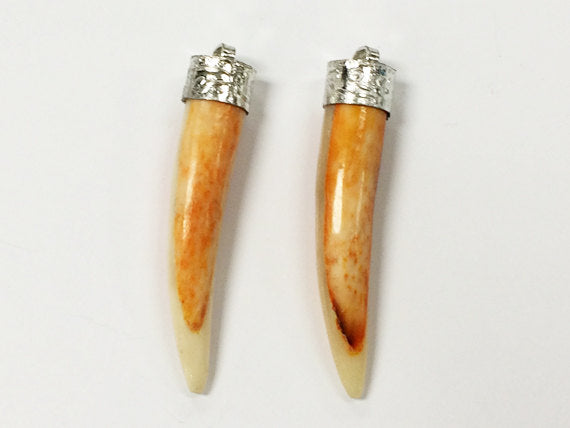 Yoga Saffron Ivory Horn Tusk Tooth Pendant with Silver Cap 2 Inch, Choose Quantity - TP103S - BeadPrism
