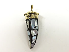 Tibetan 2.5 Inch Brass Tooth Tusk Horn Amulet Pendant -Mother of Pearl inlaid Mosaic  (131011) - BeadPrism