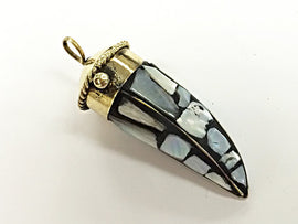 Tibetan 2.5 Inch Brass Tooth Tusk Horn Amulet Pendant -Mother of Pearl inlaid Mosaic  (131011) - BeadPrism