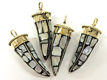 Load image into Gallery viewer, Tibetan 2.5 Inch Brass Tooth Tusk Horn Amulet Pendant -Mother of Pearl inlaid Mosaic  (131011) - BeadPrism