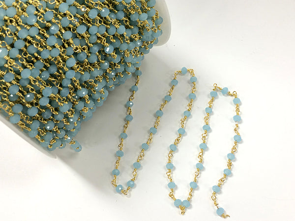 3 Feet 6mm Pacific Blue Crystal Gold Plated Wire Wrapped Chain by Foot, Rosary Bead Chain - CH241-3 - BeadPrism