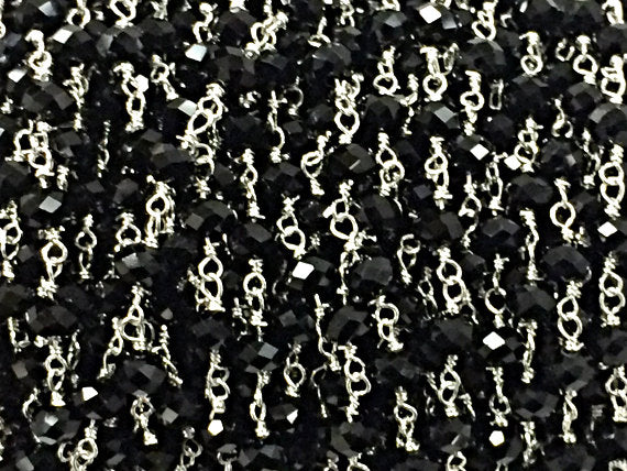 10 Foot 6mm Black Crystal Silver Plated Wire Wrapped Chain by Foot, Rosary Bead Chain - CH182 - BeadPrism