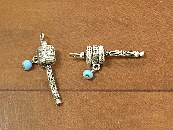 4 Pc Tibetan Prayer Bead Charms Pendants Antique Silver with 4mm Blue Bead 1.3 Inch -PP171-4 - BeadPrism