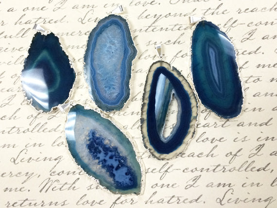 Agate Slice Druzy Pendant Edged in Silver Blue Agate 2+ Inch Druzy Agate slice Pendant - Blue DP9-AS - BeadPrism