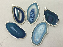 Load image into Gallery viewer, Agate Slice Druzy Pendant Edged in Silver Blue Agate 2+ Inch Druzy Agate slice Pendant - Blue DP9-AS - BeadPrism
