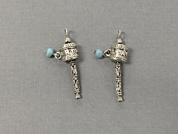4 Pc Tibetan Prayer Bead Charms Pendants Antique Silver with 4mm Blue Bead 1.3 Inch -PP171-4 - BeadPrism