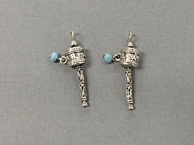 4 Pc Tibetan Prayer Bead Charms Pendants Antique Silver with 4mm Blue Bead 1.3 Inch -PP171-4 - BeadPrism