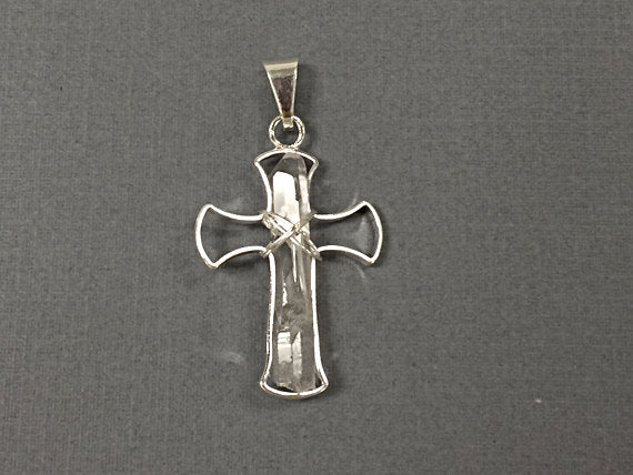 Crystal Quartz Cross with silver bezels - Handmade Cross Religious Charms -1.5 Inch - DP5 -Crystal - BeadPrism