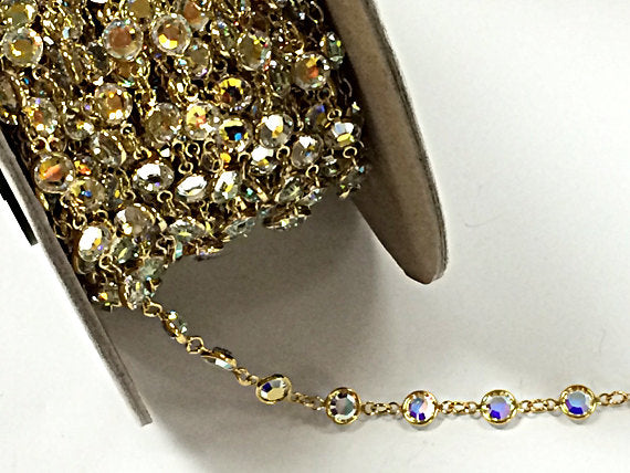 Swarovski Channel Crystal AB Chain By Foot, Gold Plated Anti Tarnish, Crystal SS29-6.32mm - 29G-CLab - BeadPrism