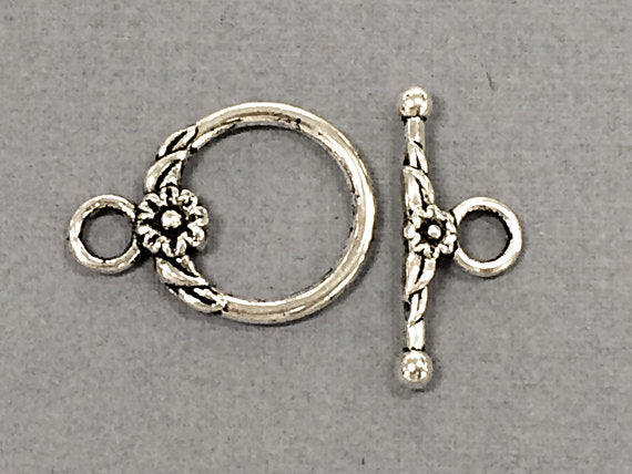 10 pc Toggle Clasp Flower and Leaf Design Pewter Antique Silver BULK Wholesale - PBF153 - BeadPrism