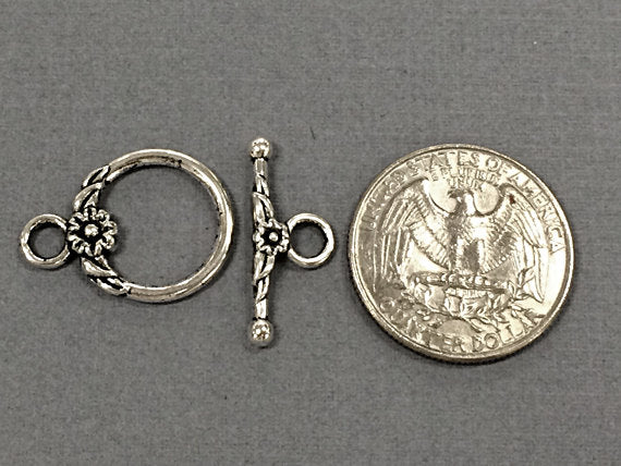 10 pc Toggle Clasp Flower and Leaf Design Pewter Antique Silver BULK Wholesale - PBF153 - BeadPrism