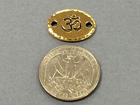 5 OM Ohm Connector Link Oval Coin, Tierracast Pewter, Gold Plated, Yoga Zen Spiritual -P3187GA - BeadPrism