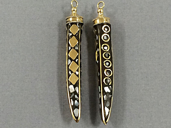 Tibetan HornTusk  Pendant, Mother of Pearl ,2.75 Inch  Brass Inlay, Amulet pendant. - AP140 - BeadPrism