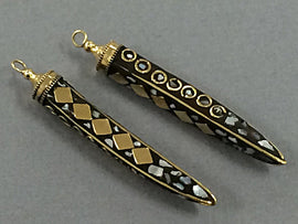 Tibetan HornTusk  Pendant, Mother of Pearl ,2.75 Inch  Brass Inlay, Amulet pendant. - AP140 - BeadPrism