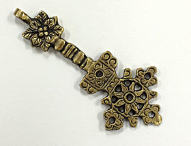 Brass Ethiopian Cross Pendant 3.25 Inch  Flower Design on Top- TP142 - BeadPrism