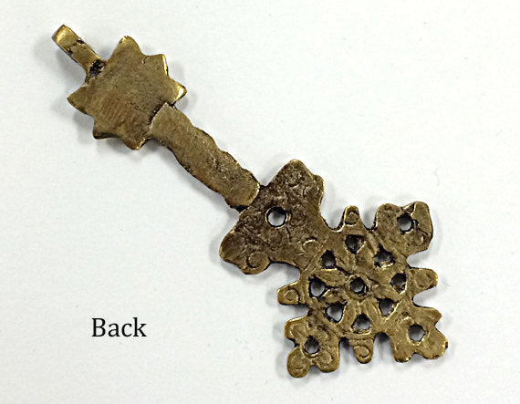 Brass Ethiopian Cross Pendant 3.25 Inch  Flower Design on Top- TP142 - BeadPrism