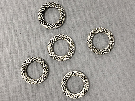 25 Pc Connector Rings 14mm Antique Silver Finish, Round Textured Ring Pewter Antique Silver - PBF308 - BeadPrism