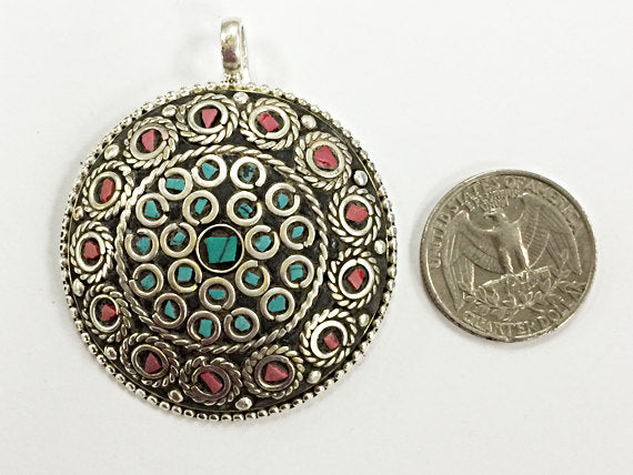 Tibetan Pendant Turquoise Coral Inlay 2 Inch Silver Plated on Brass  - Large TP04 - BeadPrism