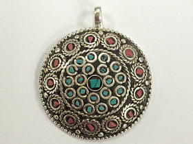 Tibetan Pendant Turquoise Coral Inlay 2 Inch Silver Plated on Brass  - Large TP04 - BeadPrism