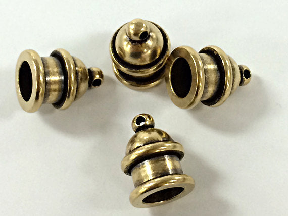 4 Brass Kumihino Tassel Cap 6mm Cord Ends Pagoda Style Light Antique Brass Recessed Design - P0201BO - BeadPrism