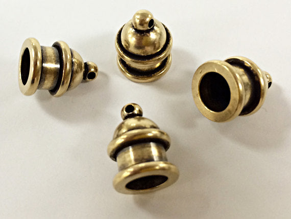 4 Brass Kumihino Tassel Cap 6mm Cord Ends Pagoda Style Light Antique Brass Recessed Design - P0201BO - BeadPrism
