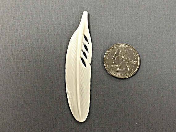 2pc White Carved Bone Large Feather Ivory Color 3" 75mm Native American Earring 1.4mm Hole - BF103-2 - BeadPrism