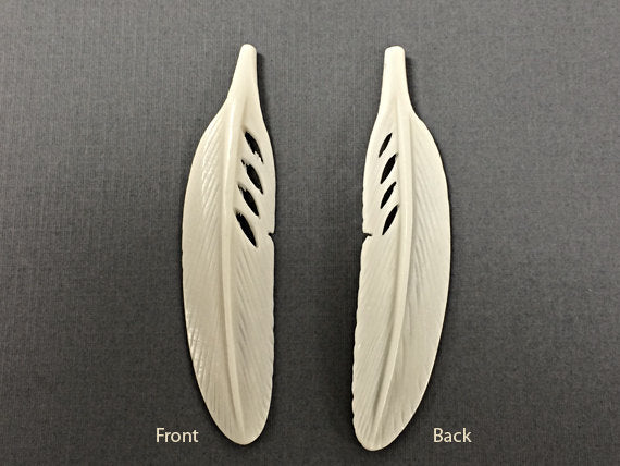 2pc White Carved Bone Large Feather Ivory Color 3" 75mm Native American Earring 1.4mm Hole - BF103-2 - BeadPrism