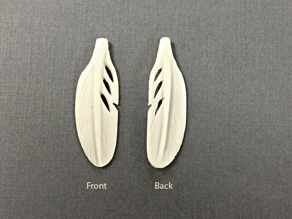 2 Pc White Carved Bone Feathers, Ivory Color 1.5" 40 x 13mm, Native American Bone Earrings - BF101-2 - BeadPrism
