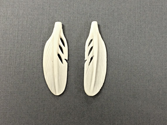 2 Pc White Carved Bone Feathers, Ivory Color 1.5" 40 x 13mm, Native American Bone Earrings - BF101-2 - BeadPrism