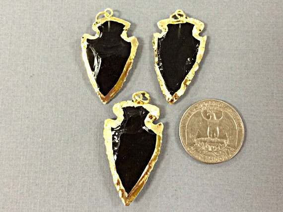Black Obsidian 1.5" Approx. Arrowhead  Gold Plated Edged, Black Arrow Head Pendant  - AP212-BO - BeadPrism