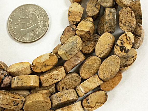 Oval Picture Jasper Gemstone Beads Full Strand, 30 Beads, 14mm Cream Brown Gemstone Beads - SJAS100 - BeadPrism