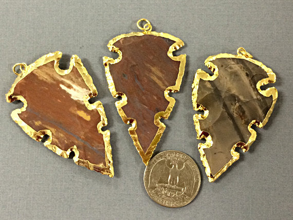 10 Pcs Arrowhead Jasper Gold Plated Edged, Dark Brown, Black pcs Hand made Pendant 2.25in - AP217-10 - BeadPrism