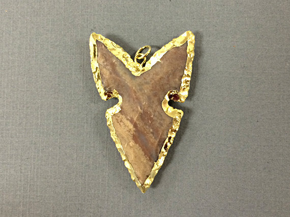 Fancy Arrowhead Jasper , Gold Plated Edged, Hand made Pendant 1.7 Inch Approx - AP214L - BeadPrism