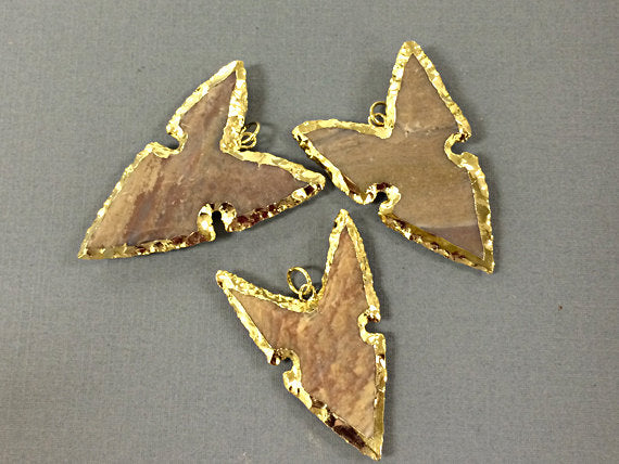 Fancy Arrowhead Jasper , Gold Plated Edged, Hand made Pendant 1.7 Inch Approx - AP214L - BeadPrism