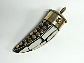 Tibetan Horn Pendant, White Mosiac Inlay, flower dotted brass design, Amulet pendant - AP100W - BeadPrism