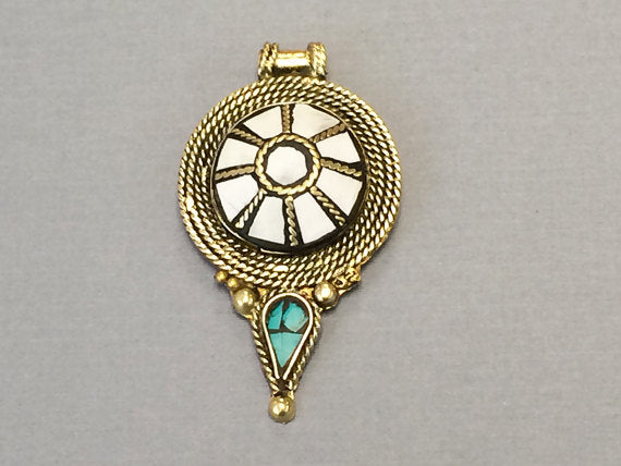 5 Pc Tibetan Pendant White and Turquoise Inlay 2.5 inch Antique  Brass Plated - AP115-W-5 - BeadPrism