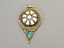 Load image into Gallery viewer, 5 Pc Tibetan Pendant White and Turquoise Inlay 2.5 inch Antique  Brass Plated - AP115-W-5 - BeadPrism