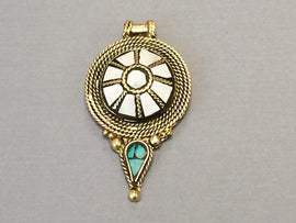 5 Pc Tibetan Pendant White and Turquoise Inlay 2.5 inch Antique  Brass Plated - AP115-W-5 - BeadPrism