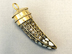 Tibetan Horn Tusk  Pendant, White Mother of Pearl & Brass Inlay, Choose Quantity - AP101MOP - BeadPrism