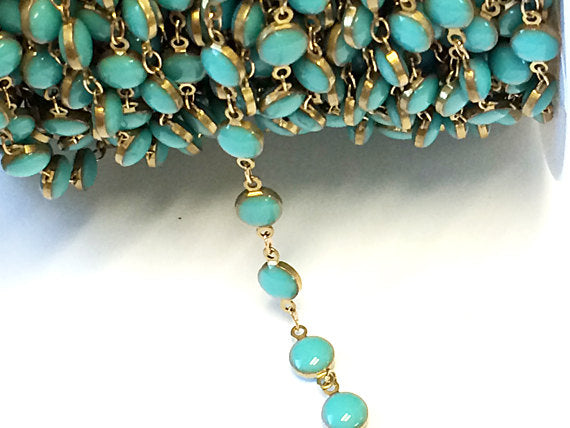 10 feet Turquoise Blue Enameled Coin Station Chain Brass Beaded Bohemian Rosary Chain by foot - CH15 - BeadPrism